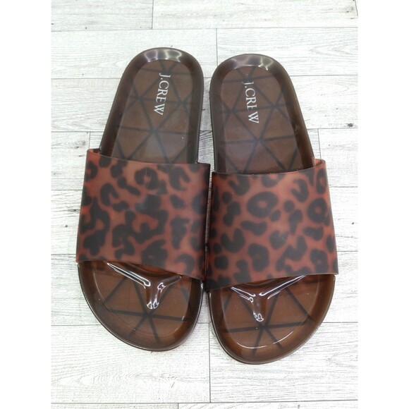 J Crew Sandals Womens 9 Tortoise Slip On Leopard Print Jelly Pool Slides Brown - Picture 10 of 12